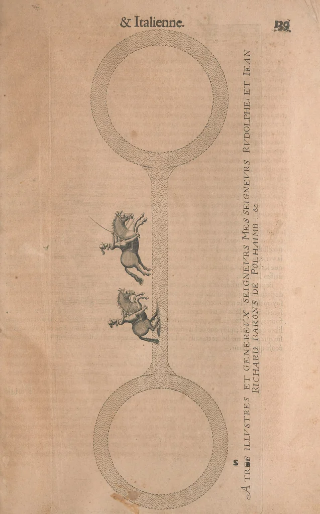 An illustration from La cavalerie françoise et italienne, ou, L'art de bien dresser les chevaux, selon les preceptes des bonnes écoles des deux nations : tant pour le plaisir de la carriere, et des carozels que pour le service de la guerre, 1620, leaf 148