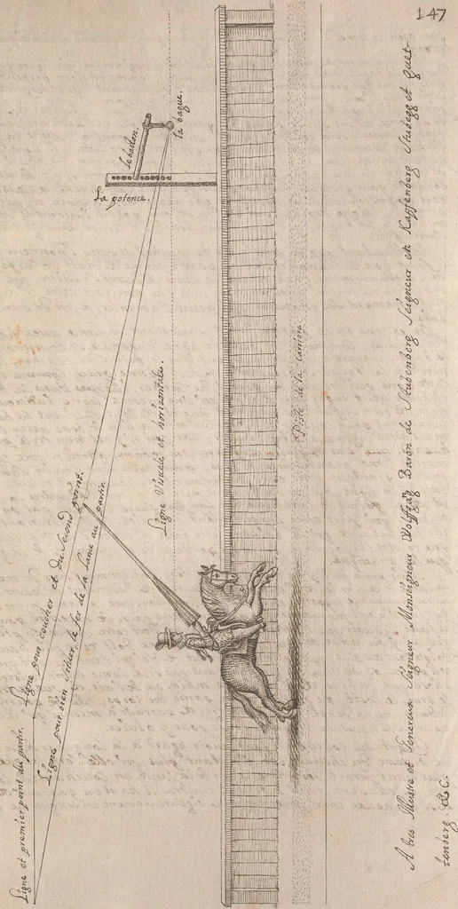 An illustration from La cavalerie françoise et italienne, ou, L'art de bien dresser les chevaux, selon les preceptes des bonnes écoles des deux nations : tant pour le plaisir de la carriere, et des carozels que pour le service de la guerre, 1620, leaf 156
