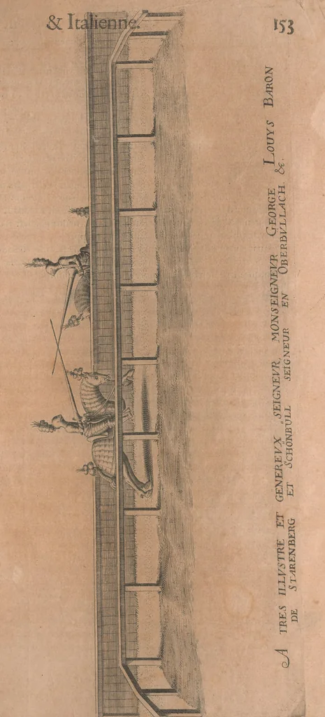 An illustration from La cavalerie françoise et italienne, ou, L'art de bien dresser les chevaux, selon les preceptes des bonnes écoles des deux nations : tant pour le plaisir de la carriere, et des carozels que pour le service de la guerre, 1620, leaf 162