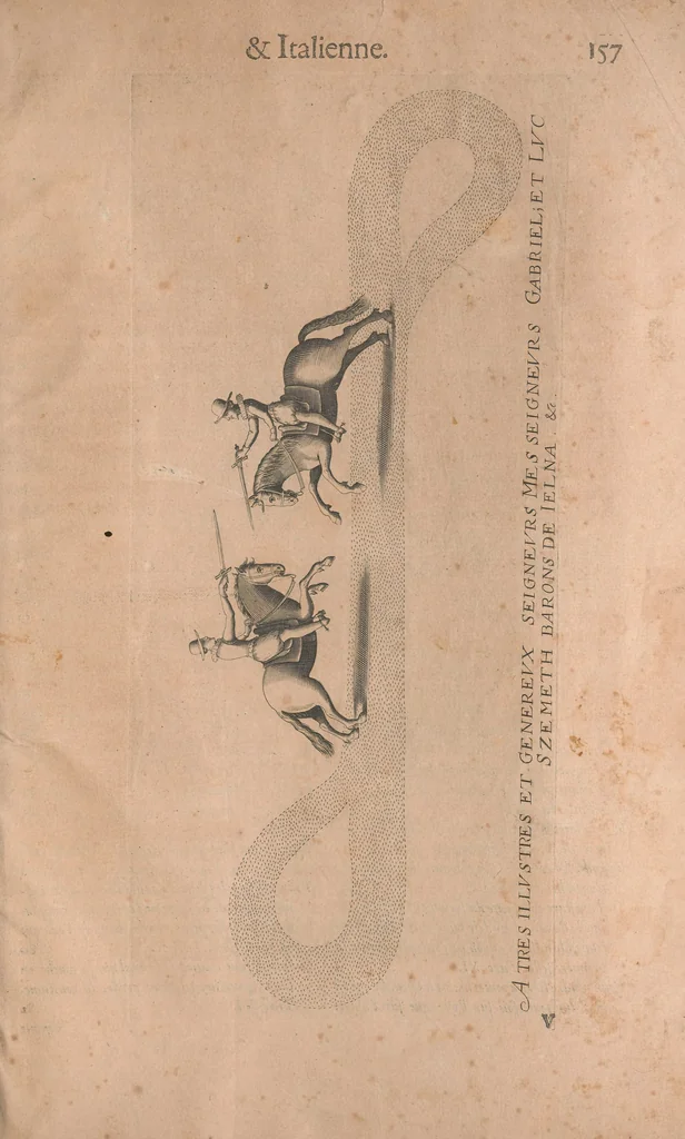 An illustration from La cavalerie françoise et italienne, ou, L'art de bien dresser les chevaux, selon les preceptes des bonnes écoles des deux nations : tant pour le plaisir de la carriere, et des carozels que pour le service de la guerre, 1620, leaf 166