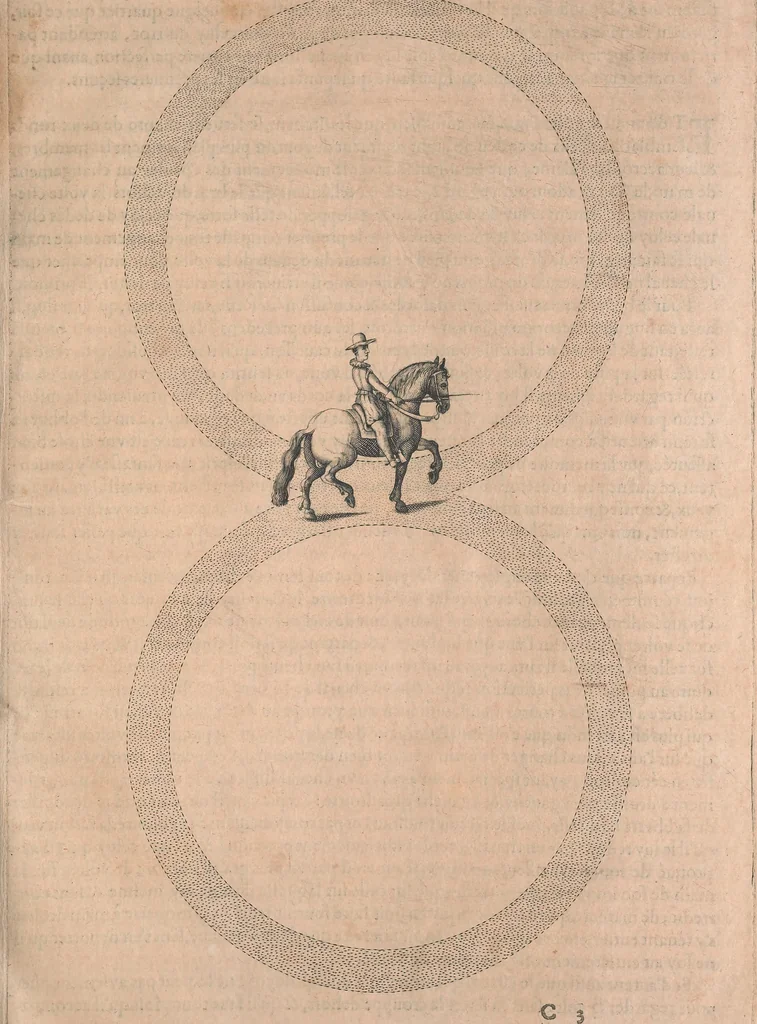 An illustration from La cavalerie françoise et italienne, ou, L'art de bien dresser les chevaux, selon les preceptes des bonnes écoles des deux nations : tant pour le plaisir de la carriere, et des carozels que pour le service de la guerre, 1620, leaf 30