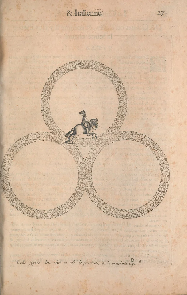 An illustration from La cavalerie françoise et italienne, ou, L'art de bien dresser les chevaux, selon les preceptes des bonnes écoles des deux nations : tant pour le plaisir de la carriere, et des carozels que pour le service de la guerre, 1620, leaf 36