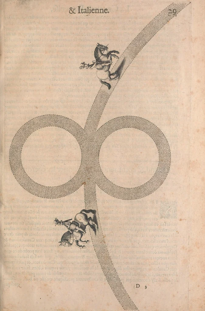 An illustration from La cavalerie françoise et italienne, ou, L'art de bien dresser les chevaux, selon les preceptes des bonnes écoles des deux nations : tant pour le plaisir de la carriere, et des carozels que pour le service de la guerre, 1620, leaf 38