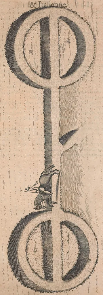 An illustration from La cavalerie françoise et italienne, ou, L'art de bien dresser les chevaux, selon les preceptes des bonnes écoles des deux nations : tant pour le plaisir de la carriere, et des carozels que pour le service de la guerre, 1620, leaf 46