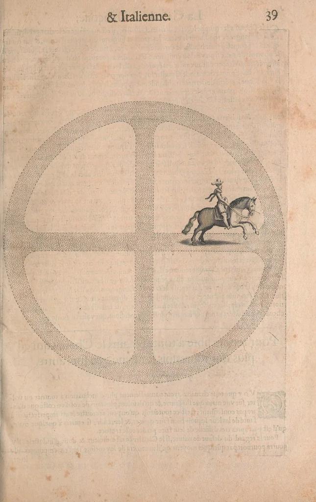 An illustration from La cavalerie françoise et italienne, ou, L'art de bien dresser les chevaux, selon les preceptes des bonnes écoles des deux nations : tant pour le plaisir de la carriere, et des carozels que pour le service de la guerre, 1620, leaf 48