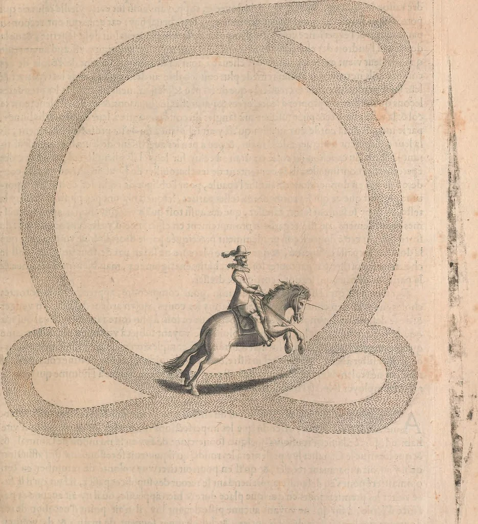 An illustration from La cavalerie françoise et italienne, ou, L'art de bien dresser les chevaux, selon les preceptes des bonnes écoles des deux nations : tant pour le plaisir de la carriere, et des carozels que pour le service de la guerre, 1620, leaf 50