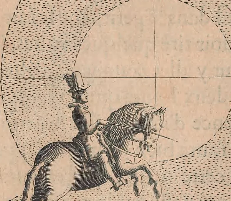 An illustration from La cavalerie françoise et italienne, ou, L'art de bien dresser les chevaux, selon les preceptes des bonnes écoles des deux nations : tant pour le plaisir de la carriere, et des carozels que pour le service de la guerre, 1620, leaf 52