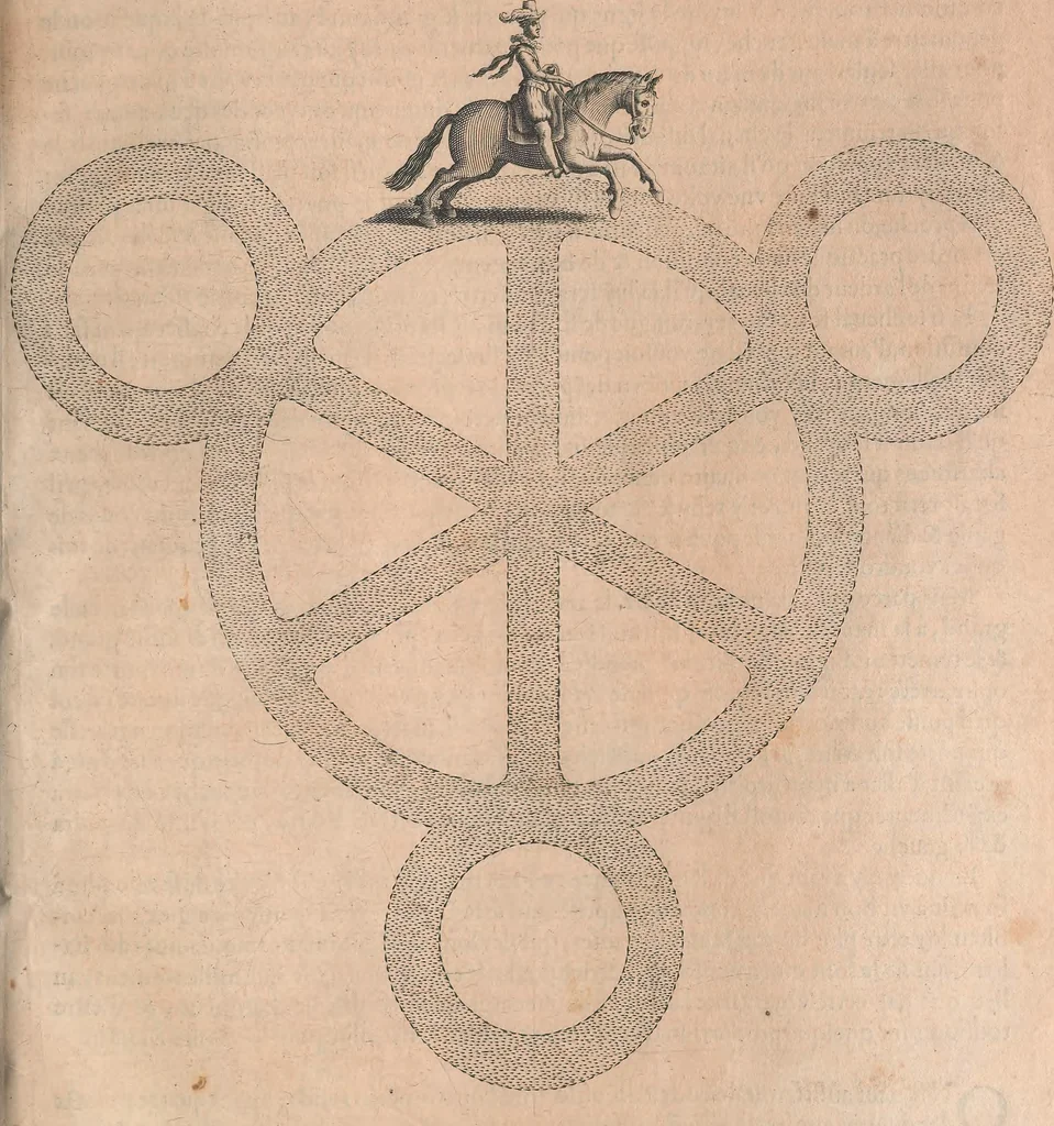 An illustration from La cavalerie françoise et italienne, ou, L'art de bien dresser les chevaux, selon les preceptes des bonnes écoles des deux nations : tant pour le plaisir de la carriere, et des carozels que pour le service de la guerre, 1620, leaf 54