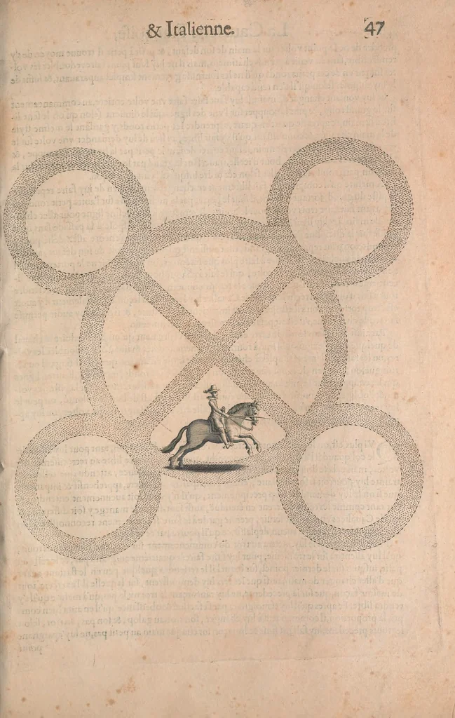 An illustration from La cavalerie françoise et italienne, ou, L'art de bien dresser les chevaux, selon les preceptes des bonnes écoles des deux nations : tant pour le plaisir de la carriere, et des carozels que pour le service de la guerre, 1620, leaf 56