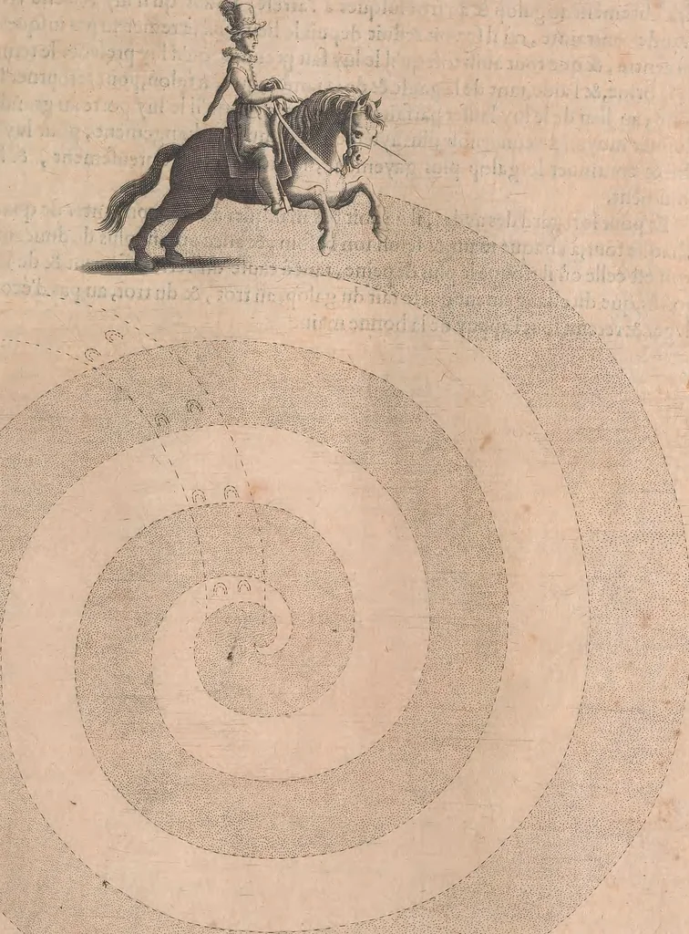 An illustration from La cavalerie françoise et italienne, ou, L'art de bien dresser les chevaux, selon les preceptes des bonnes écoles des deux nations : tant pour le plaisir de la carriere, et des carozels que pour le service de la guerre, 1620, leaf 58