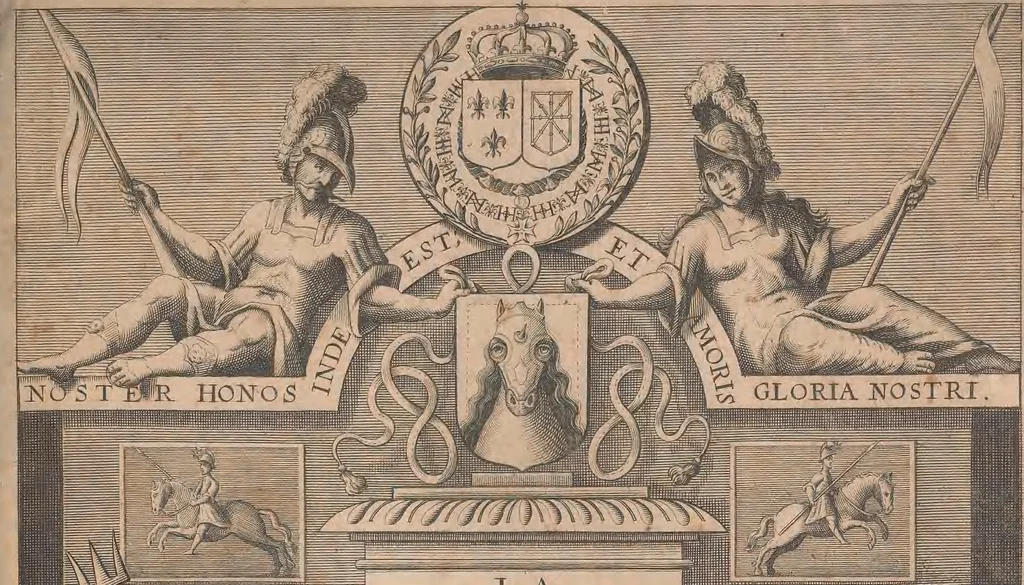 An illustration from La cavalerie françoise et italienne, ou, L'art de bien dresser les chevaux, selon les preceptes des bonnes écoles des deux nations : tant pour le plaisir de la carriere, et des carozels que pour le service de la guerre, 1620, leaf 6