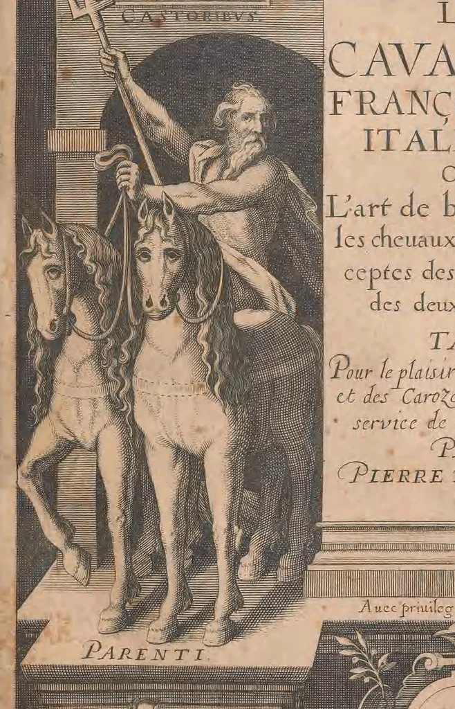 An illustration from La cavalerie françoise et italienne, ou, L'art de bien dresser les chevaux, selon les preceptes des bonnes écoles des deux nations : tant pour le plaisir de la carriere, et des carozels que pour le service de la guerre, 1620, leaf 6