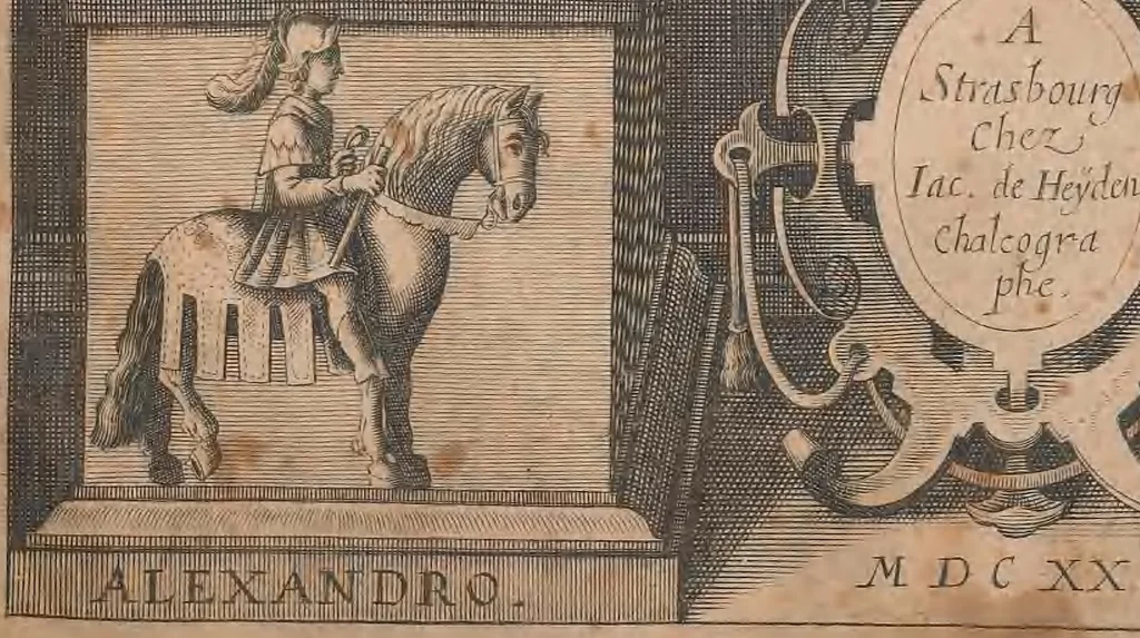 An illustration from La cavalerie françoise et italienne, ou, L'art de bien dresser les chevaux, selon les preceptes des bonnes écoles des deux nations : tant pour le plaisir de la carriere, et des carozels que pour le service de la guerre, 1620, leaf 6