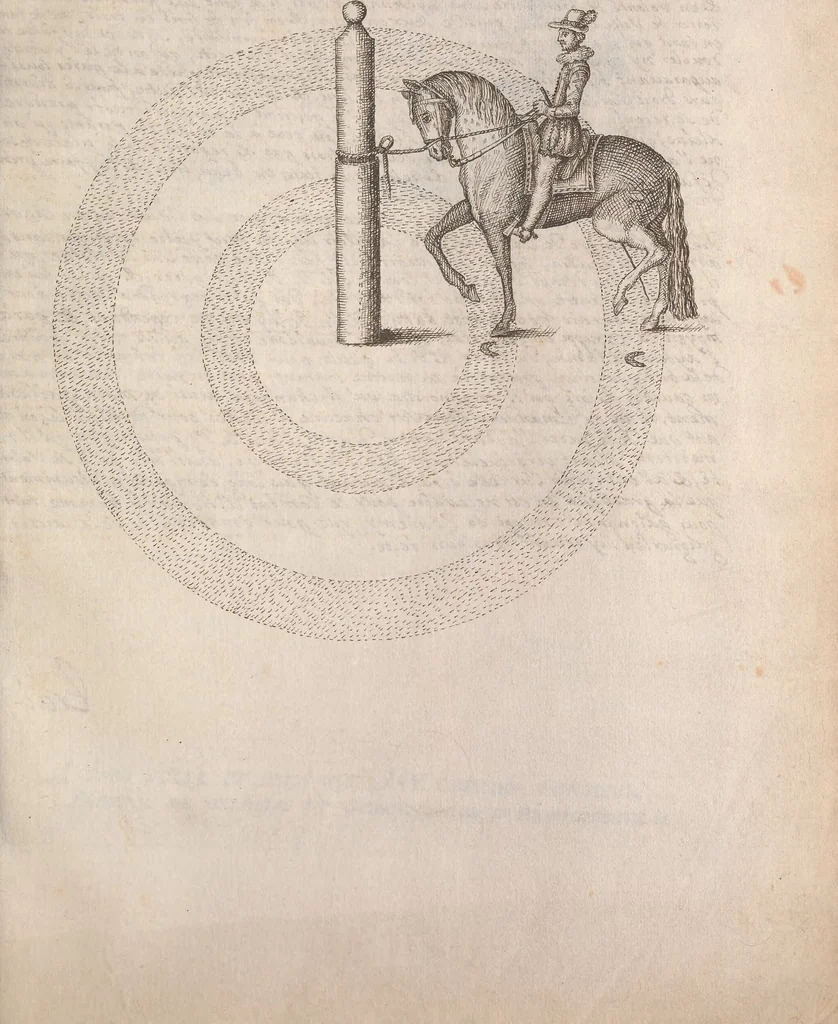 An illustration from La cavalerie françoise et italienne, ou, L'art de bien dresser les chevaux, selon les preceptes des bonnes écoles des deux nations : tant pour le plaisir de la carriere, et des carozels que pour le service de la guerre, 1620, leaf 62