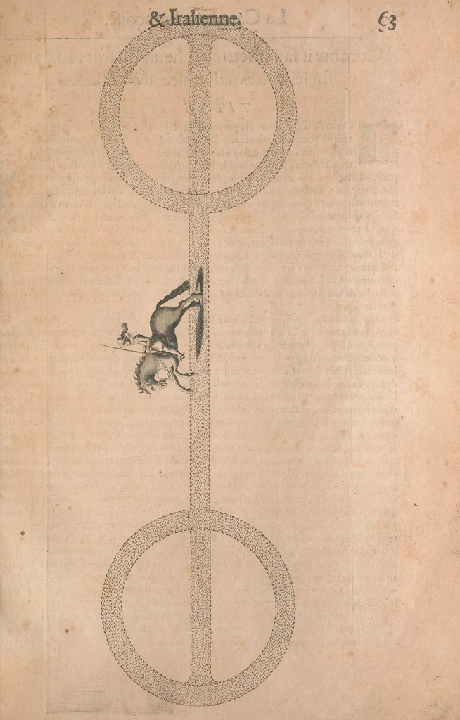 An illustration from La cavalerie françoise et italienne, ou, L'art de bien dresser les chevaux, selon les preceptes des bonnes écoles des deux nations : tant pour le plaisir de la carriere, et des carozels que pour le service de la guerre, 1620, leaf 72