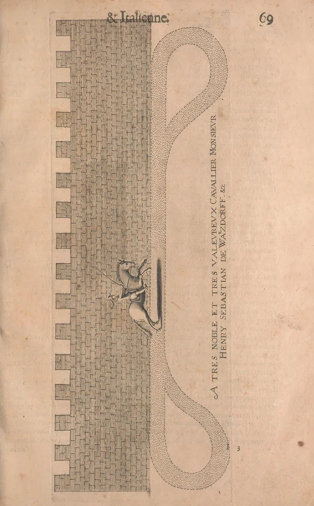 An illustration from La cavalerie françoise et italienne, ou, L'art de bien dresser les chevaux, selon les preceptes des bonnes écoles des deux nations : tant pour le plaisir de la carriere, et des carozels que pour le service de la guerre, 1620, leaf 78