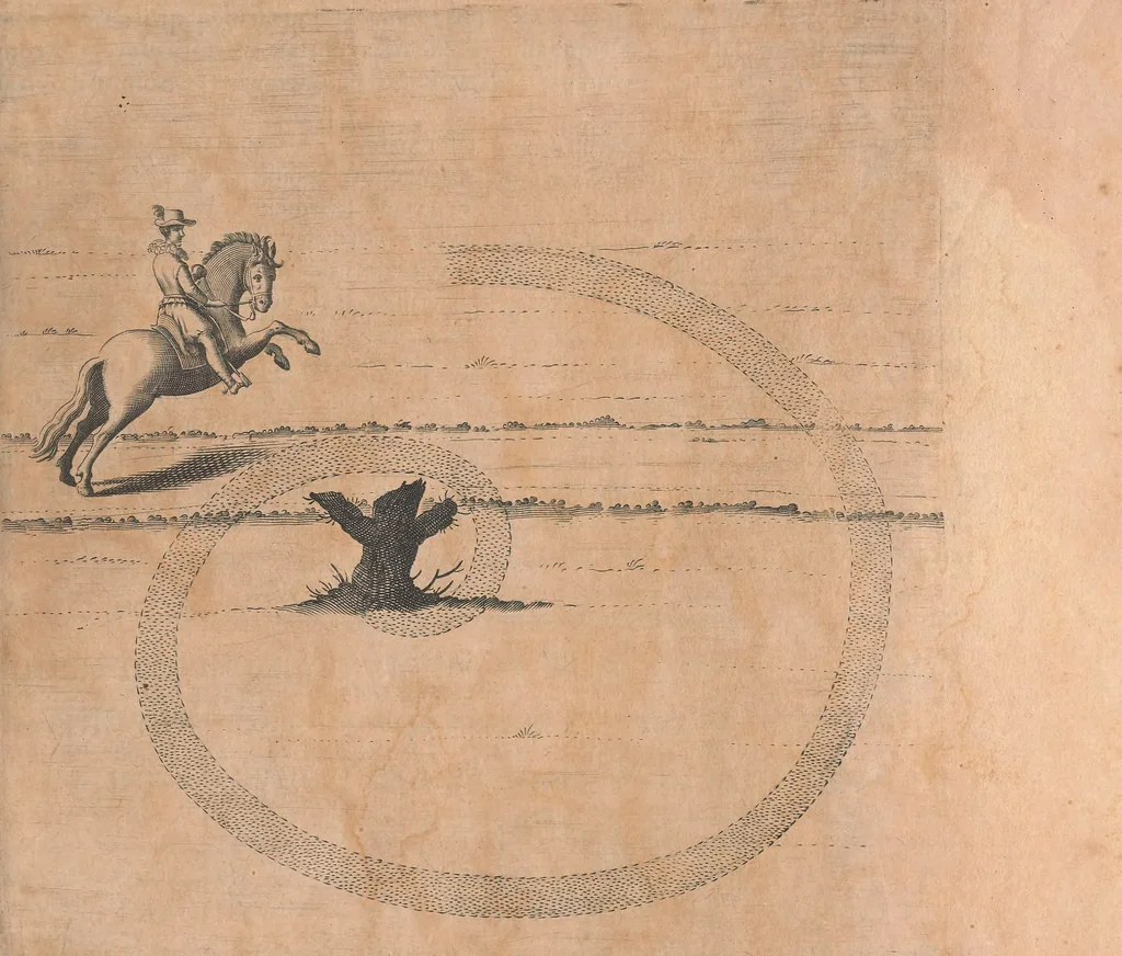 An illustration from La cavalerie françoise et italienne, ou, L'art de bien dresser les chevaux, selon les preceptes des bonnes écoles des deux nations : tant pour le plaisir de la carriere, et des carozels que pour le service de la guerre, 1620, leaf 88