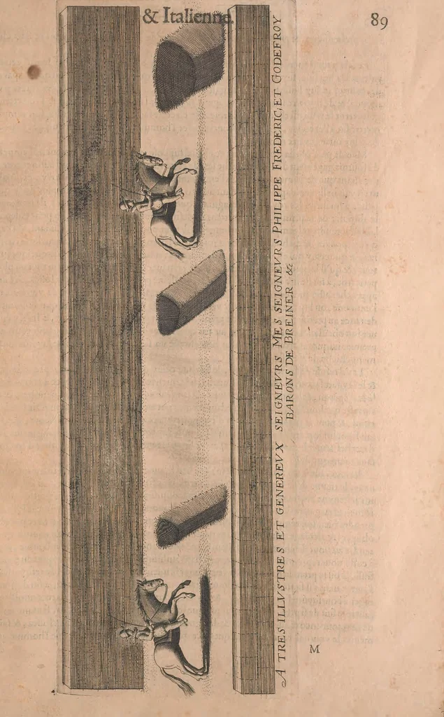 An illustration from La cavalerie françoise et italienne, ou, L'art de bien dresser les chevaux, selon les preceptes des bonnes écoles des deux nations : tant pour le plaisir de la carriere, et des carozels que pour le service de la guerre, 1620, leaf 98