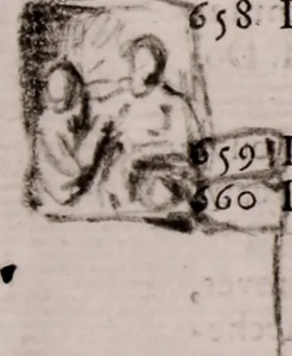 An illustration from Catalogue d'estampes des plus grands maîtres italiens, flamands & françois, de divers recueils d'estampes, d'architecture de différents maîtres, & autres traités sur les arts, dépendants de la succession de M. Mariette, contrôleur-genéral de la Grande-Chancellerie de France, honoraire amateur de l'Academie royale de peinture & sculpture & de l'Academie de Florence ..., 1775, leaf 60