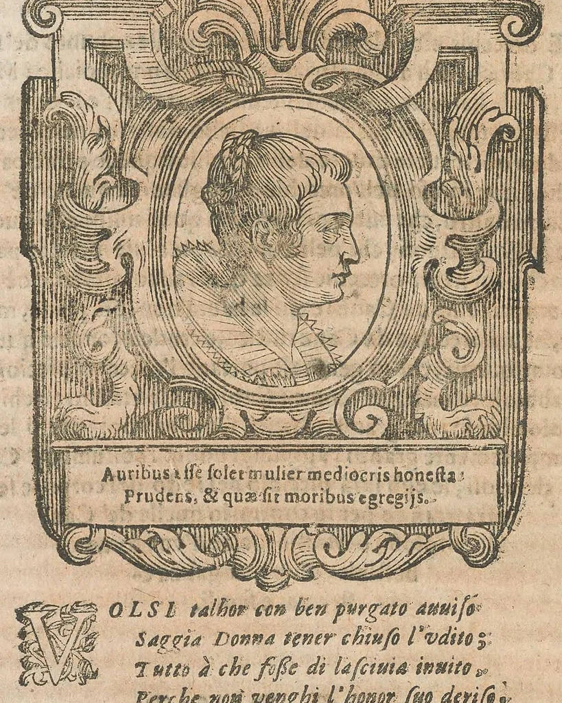 An illustration from Cefalogia fisonomica diuisa in dieci deche : doue conforme à'documenti d'Aristotile, e d'altri filosofi naturali, con breui discorsi, e diligenti osseruationi si esaminano le fisonomie : di cento teste humane che intagliate si vedono in quest' opera : dalle quali per più segni e congetture si dimostrano varie inclinationi di huomini e don̄e, 1630, leaf 548