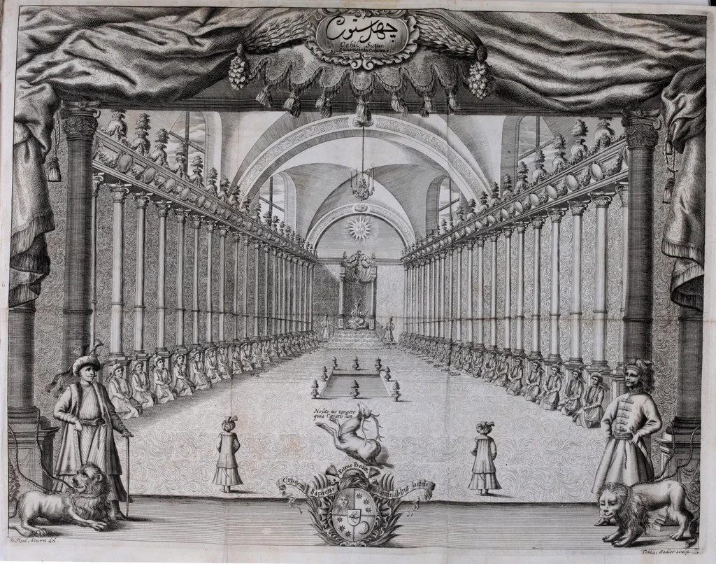 An illustration from Cehil sutun, seu, Explicatio utriusque celeberrimi, ac pretiosissimi theatri quadraginta columnarum in Perside Orientis : cum adjecta fusiori narratione de religione, moribusq[ue] Persarum, & eorundem vivendi modo, populis vicinis, alijsq[ue] de hac Orientali Natione famosissima scitû dignis ..., 1678, leaf 31