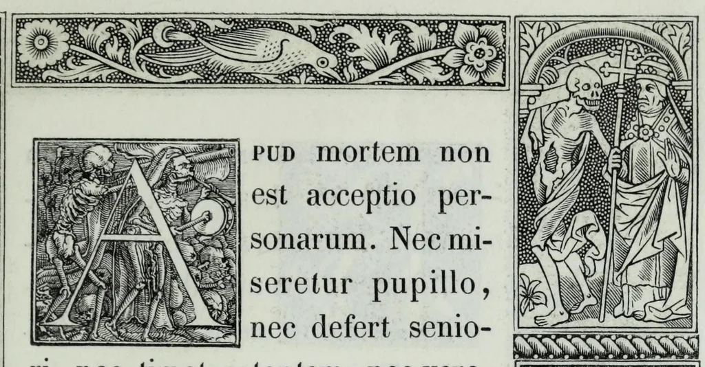 An illustration from The celebrated Hans Holbein's Alphabet of death : illustrated with old borders engraved on wood with Latin sentences and English quatrains, 1856, leaf 17