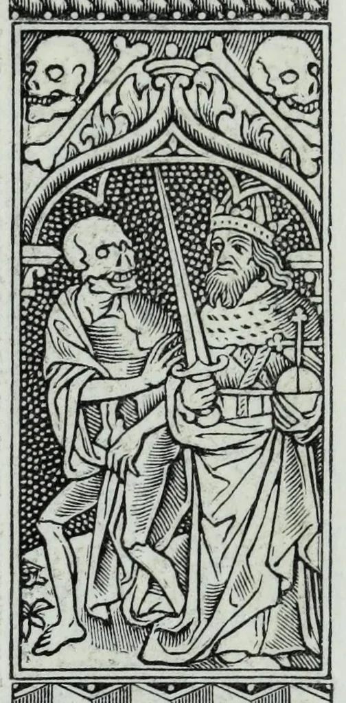 An illustration from The celebrated Hans Holbein's Alphabet of death : illustrated with old borders engraved on wood with Latin sentences and English quatrains, 1856, leaf 17