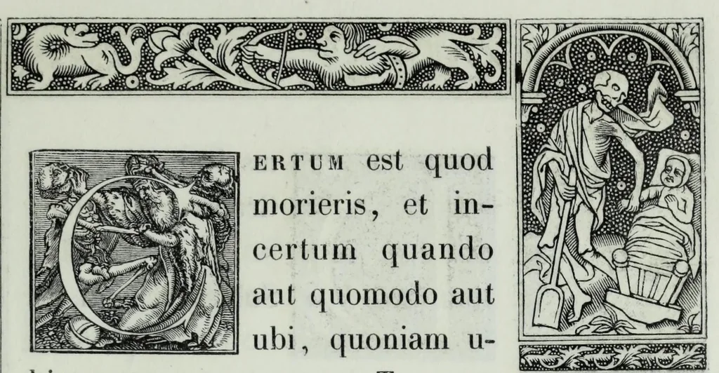 An illustration from The celebrated Hans Holbein's Alphabet of death : illustrated with old borders engraved on wood with Latin sentences and English quatrains, 1856, leaf 19