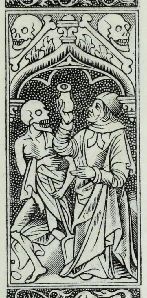 An illustration from The celebrated Hans Holbein's Alphabet of death : illustrated with old borders engraved on wood with Latin sentences and English quatrains, 1856, leaf 19