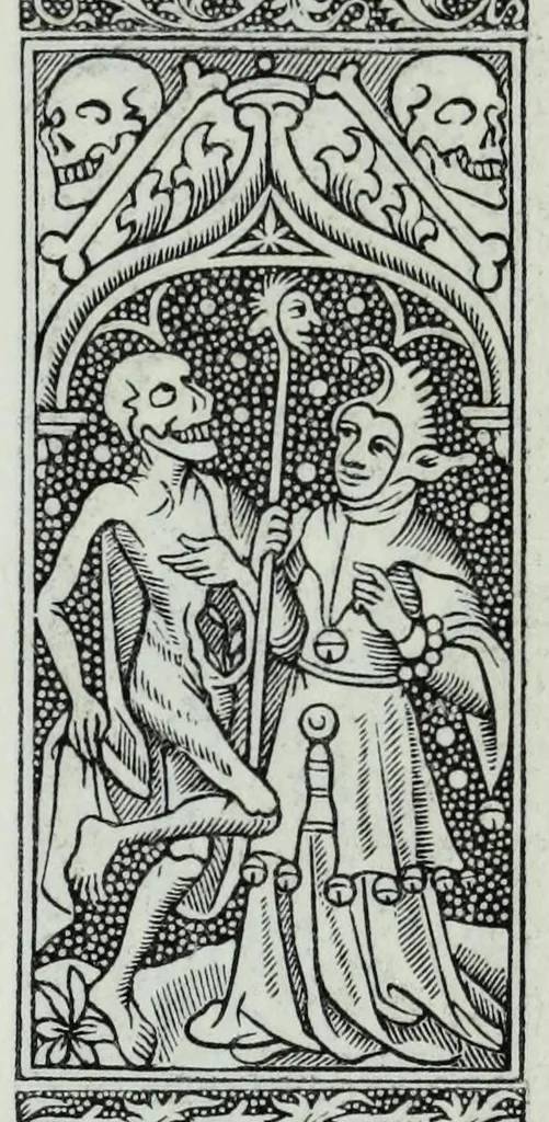 An illustration from The celebrated Hans Holbein's Alphabet of death : illustrated with old borders engraved on wood with Latin sentences and English quatrains, 1856, leaf 21