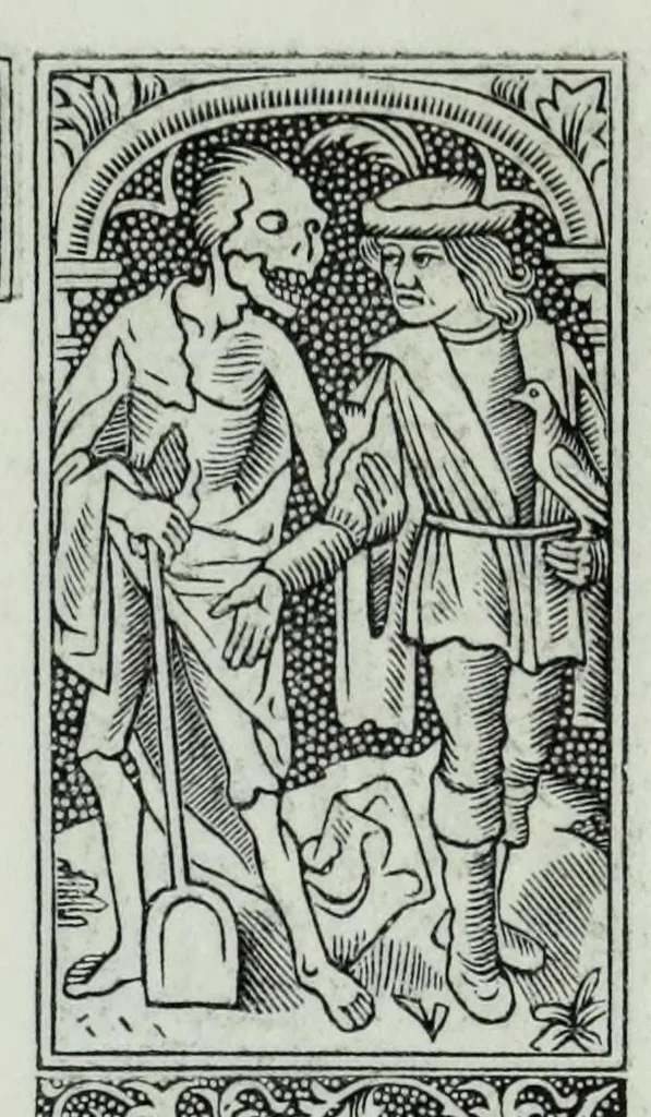 An illustration from The celebrated Hans Holbein's Alphabet of death : illustrated with old borders engraved on wood with Latin sentences and English quatrains, 1856, leaf 21