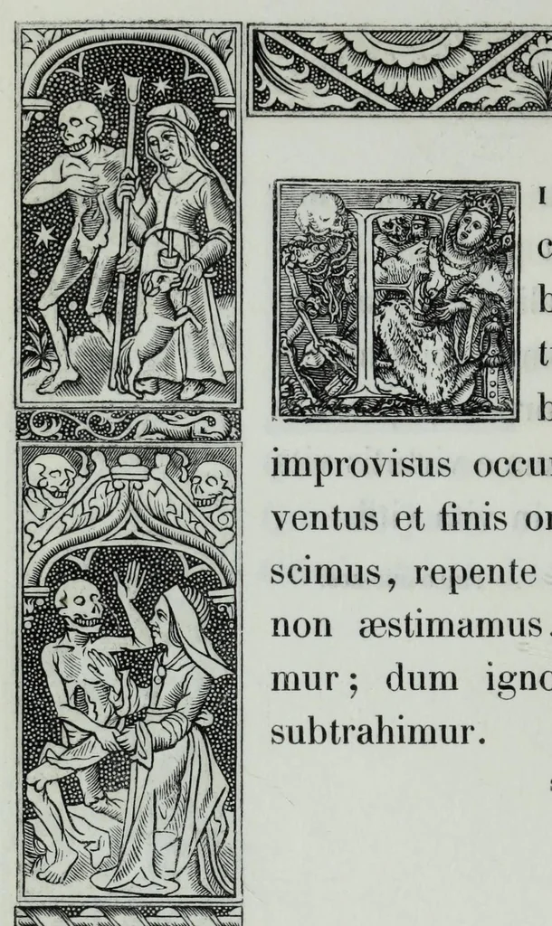 An illustration from The celebrated Hans Holbein's Alphabet of death : illustrated with old borders engraved on wood with Latin sentences and English quatrains, 1856, leaf 22
