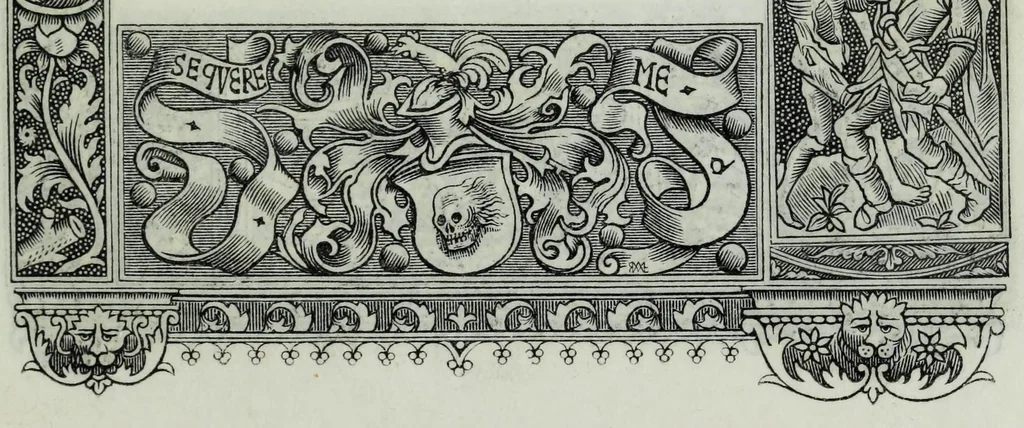 An illustration from The celebrated Hans Holbein's Alphabet of death : illustrated with old borders engraved on wood with Latin sentences and English quatrains, 1856, leaf 25