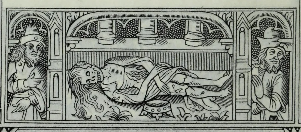 An illustration from The celebrated Hans Holbein's Alphabet of death : illustrated with old borders engraved on wood with Latin sentences and English quatrains, 1856, leaf 26