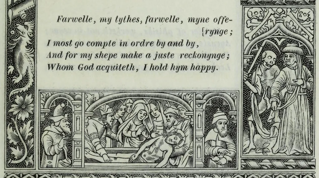 An illustration from The celebrated Hans Holbein's Alphabet of death : illustrated with old borders engraved on wood with Latin sentences and English quatrains, 1856, leaf 27