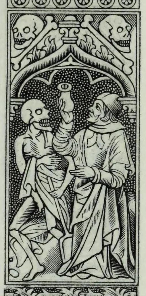 An illustration from The celebrated Hans Holbein's Alphabet of death : illustrated with old borders engraved on wood with Latin sentences and English quatrains, 1856, leaf 27