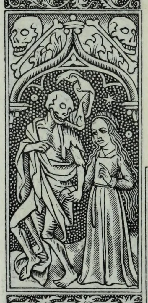 An illustration from The celebrated Hans Holbein's Alphabet of death : illustrated with old borders engraved on wood with Latin sentences and English quatrains, 1856, leaf 28
