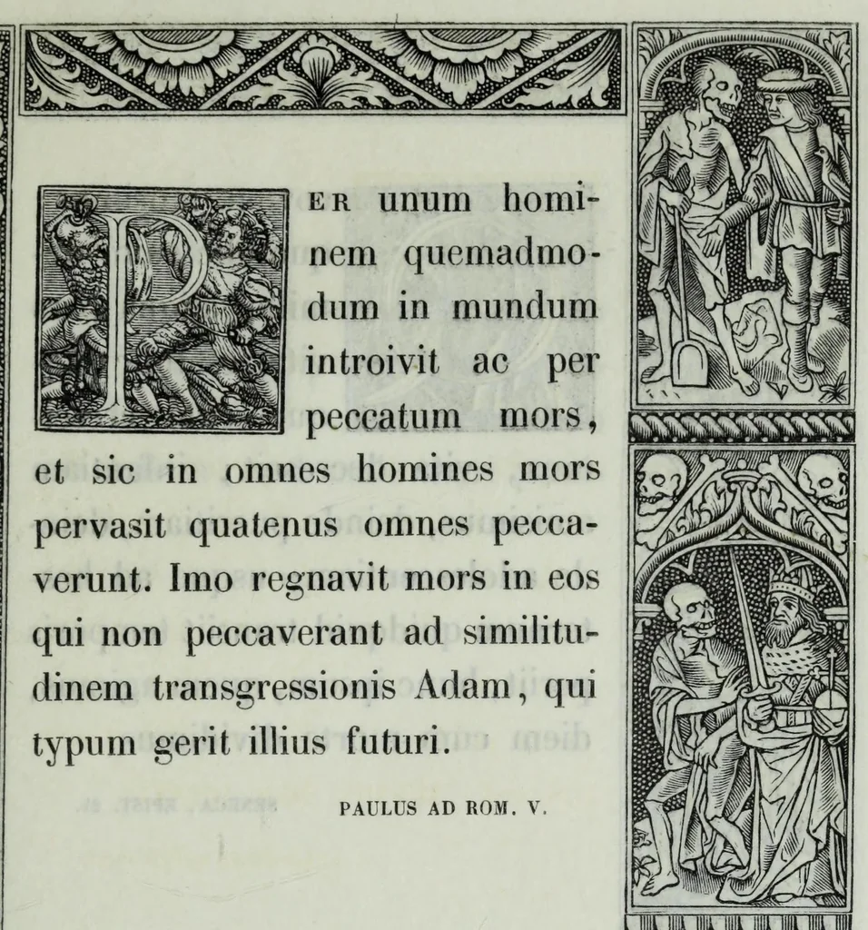 An illustration from The celebrated Hans Holbein's Alphabet of death : illustrated with old borders engraved on wood with Latin sentences and English quatrains, 1856, leaf 31