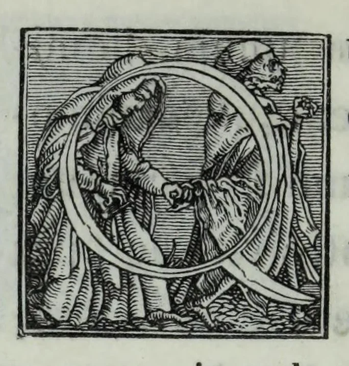 An illustration from The celebrated Hans Holbein's Alphabet of death : illustrated with old borders engraved on wood with Latin sentences and English quatrains, 1856, leaf 32