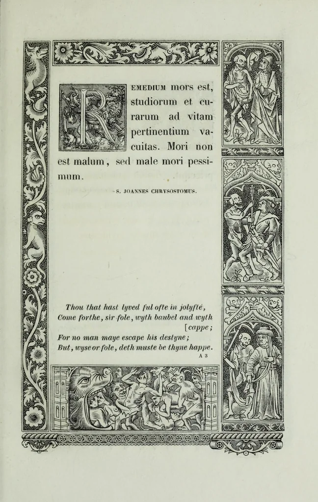 An illustration from The celebrated Hans Holbein's Alphabet of death : illustrated with old borders engraved on wood with Latin sentences and English quatrains, 1856, leaf 33