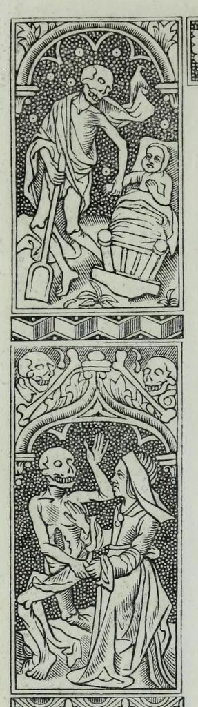 An illustration from The celebrated Hans Holbein's Alphabet of death : illustrated with old borders engraved on wood with Latin sentences and English quatrains, 1856, leaf 34