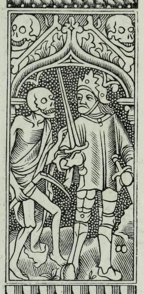 An illustration from The celebrated Hans Holbein's Alphabet of death : illustrated with old borders engraved on wood with Latin sentences and English quatrains, 1856, leaf 35