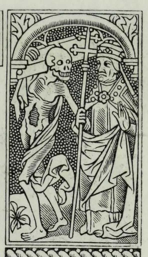 An illustration from The celebrated Hans Holbein's Alphabet of death : illustrated with old borders engraved on wood with Latin sentences and English quatrains, 1856, leaf 35