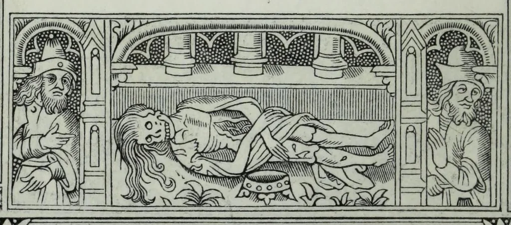 An illustration from The celebrated Hans Holbein's Alphabet of death : illustrated with old borders engraved on wood with Latin sentences and English quatrains, 1856, leaf 36