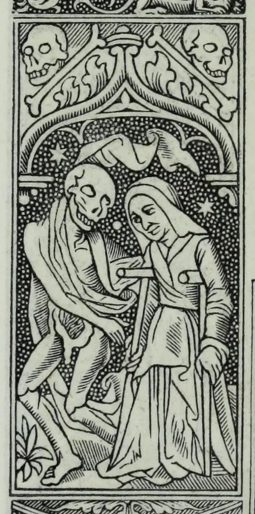 An illustration from The celebrated Hans Holbein's Alphabet of death : illustrated with old borders engraved on wood with Latin sentences and English quatrains, 1856, leaf 36