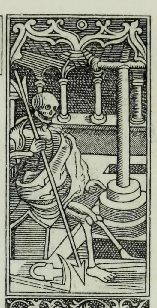 An illustration from The celebrated Hans Holbein's Alphabet of death : illustrated with old borders engraved on wood with Latin sentences and English quatrains, 1856, leaf 37