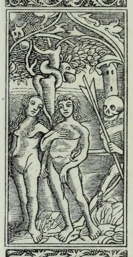 An illustration from The celebrated Hans Holbein's Alphabet of death : illustrated with old borders engraved on wood with Latin sentences and English quatrains, 1856, leaf 37