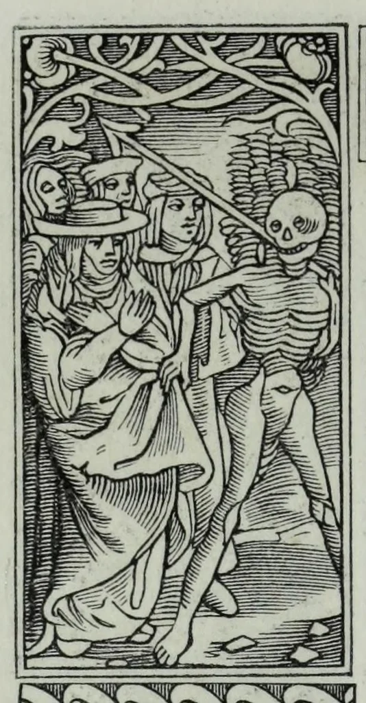 An illustration from The celebrated Hans Holbein's Alphabet of death : illustrated with old borders engraved on wood with Latin sentences and English quatrains, 1856, leaf 38