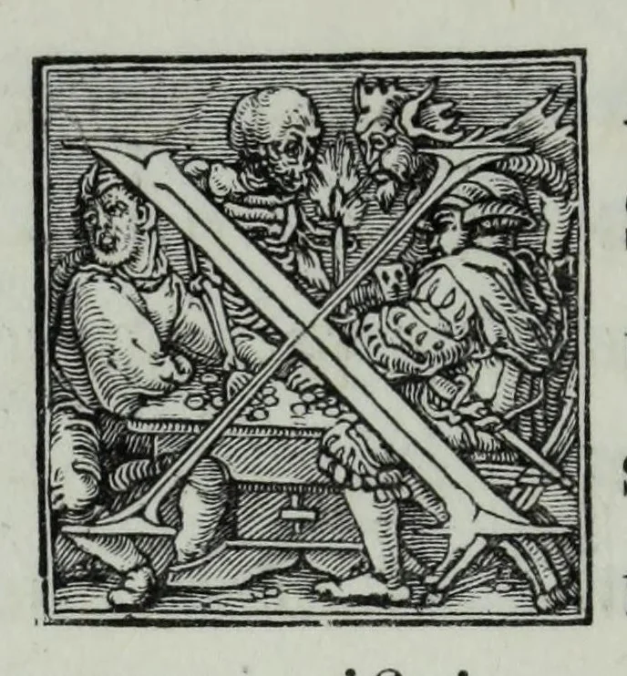 An illustration from The celebrated Hans Holbein's Alphabet of death : illustrated with old borders engraved on wood with Latin sentences and English quatrains, 1856, leaf 38