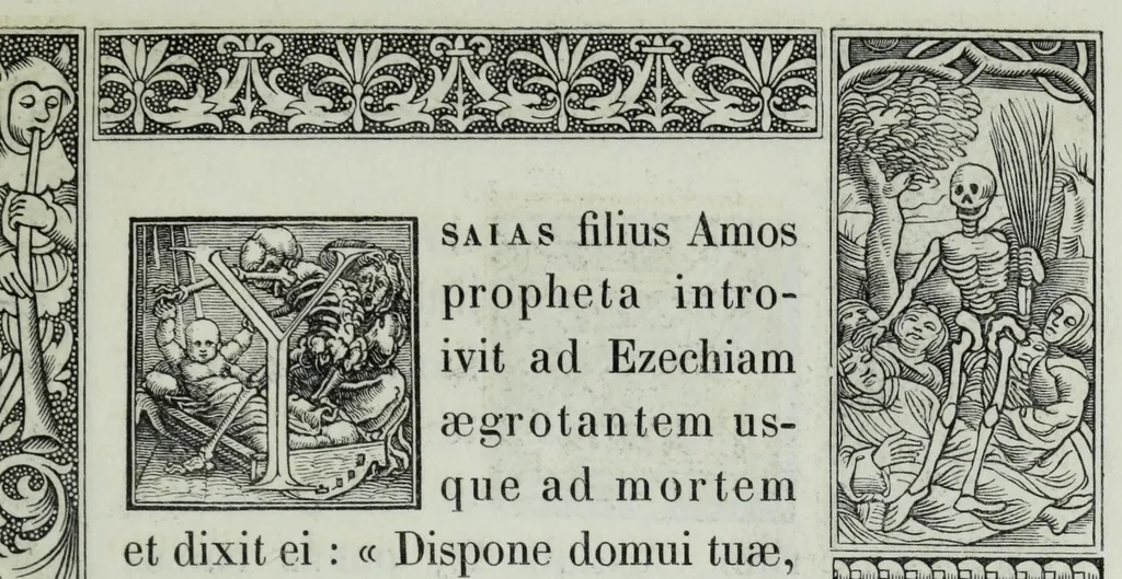 An illustration from The celebrated Hans Holbein's Alphabet of death : illustrated with old borders engraved on wood with Latin sentences and English quatrains, 1856, leaf 39